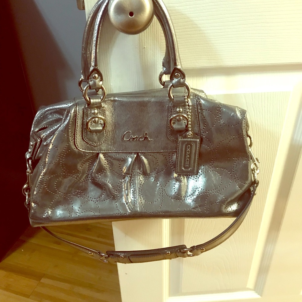 Metallic silver coach satchel